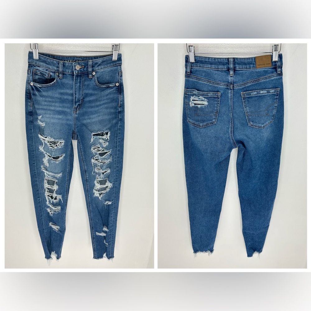 American Eagle Mom Jeans Size 00 Distressed Blue Denim Stretch Y2K Retro 25x26.5